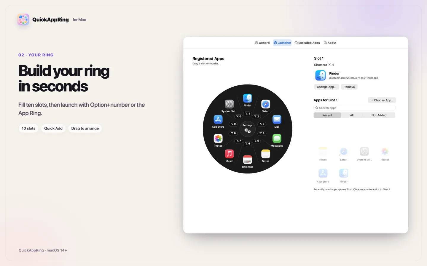 QuickAppRing Launcher pane with the App Ring and Quick Add suggestions