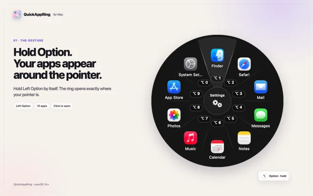 QuickAppRing Launcher showing ten Apple apps arranged around the App Ring